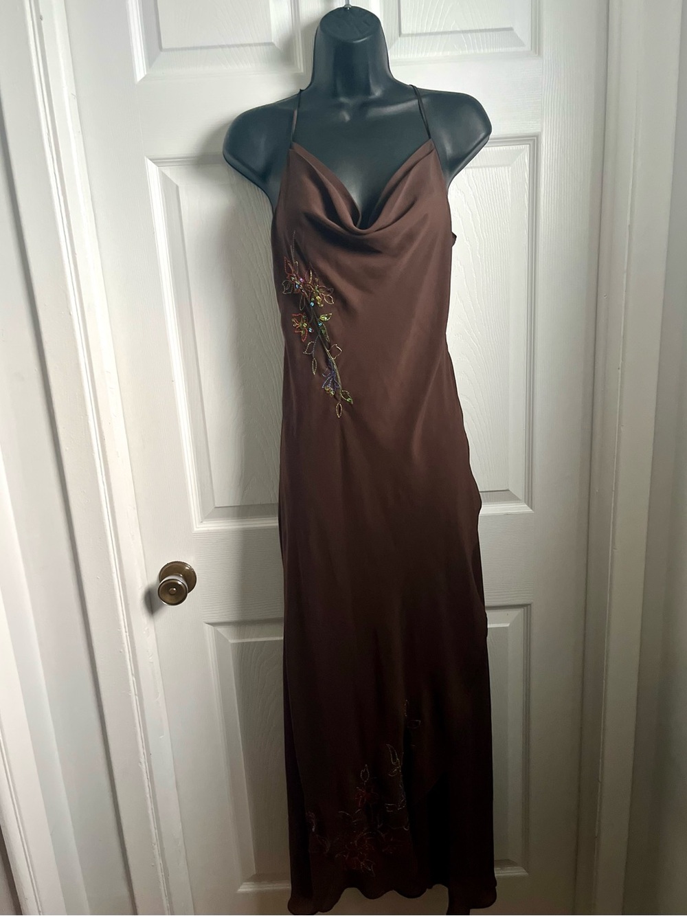 Y2K La Vie En Rose Slip Dress Brown Satin Cowl Neck Maxi Beaded Floral Small